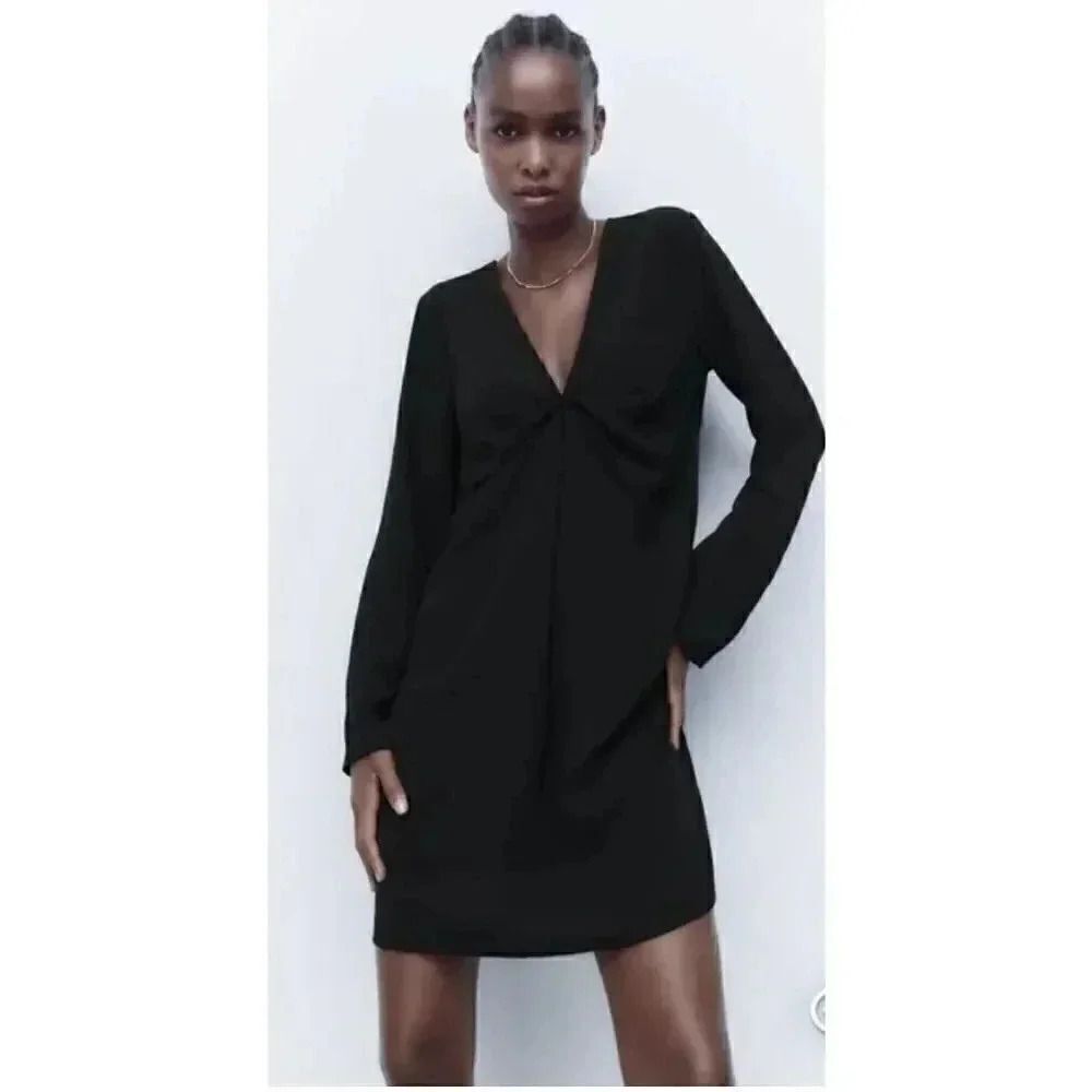 ZARA Black SHORT DRAPED DRESS Long Sleeves V-Neck Women’s Minimalist SZ S #1669